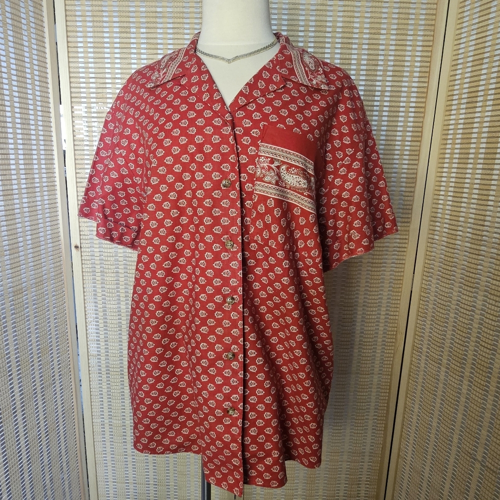 100% Cotton, Vintage 1990's, Red Southwest Print Button-down Collared Shirt EUC